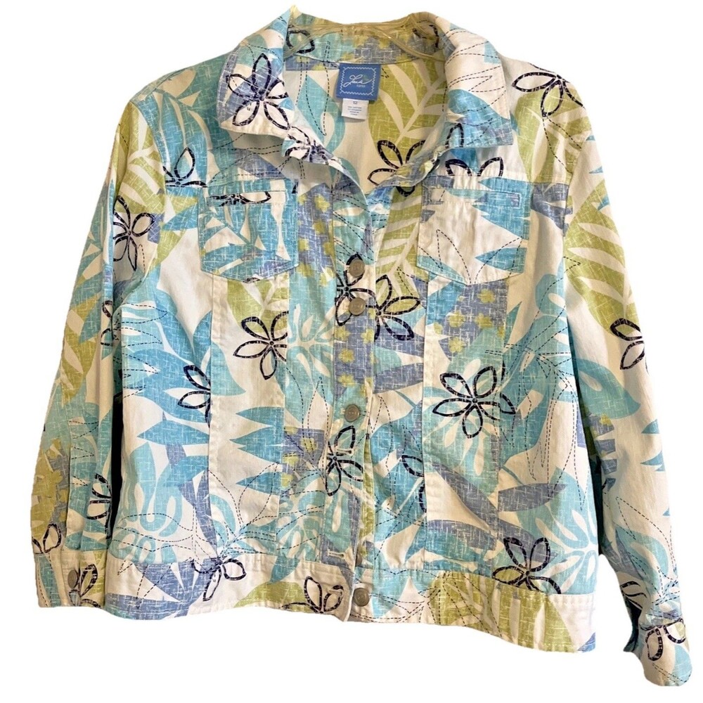 Colorful Denim Jacket Women’s 12 Blue White Floral Print Cotton Resort Travel